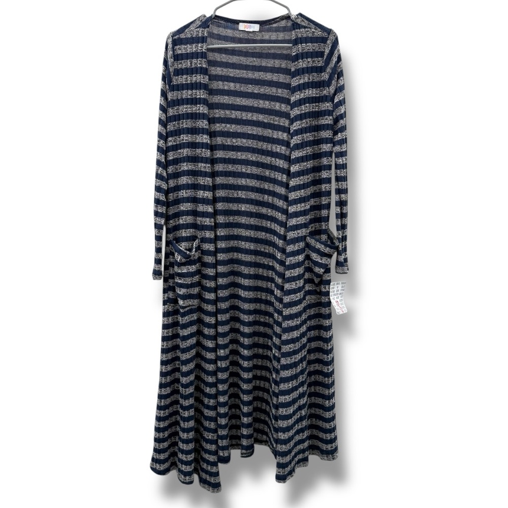Lularoe Sarah Gray & Navy Blue Striped Long Sleeve Open Duster Cardigan Sz S NEW